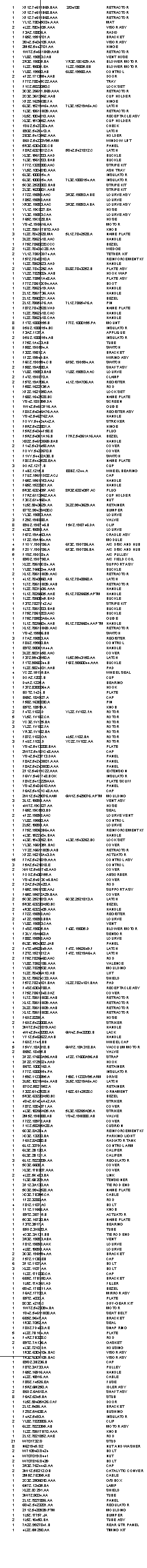 Text Box: 1
XF1Z.74611B69.BAA
 2/04/08
RETRACTOR 
1
XF1Z.74611B68.BAA
 
RETRACTOR 
1
XF1Z.74611B68.AAA
 
RETRACTOR 
1
YL1Z.78045G34.AAA
 
MAT 
2
4L2Z.7804105.AAA
 
VISOR ASY 
1
F3AZ.18806.A
 
RADIO
1
F65Z.1551701.A
 
BRACKET
1
3S4Z.5404105.AAA
 
VISOR ASY 
1
2M5Z.5442701.AA
 
HINGE 
1
1W7Z.54611B69.AAB
 
RETRACTOR 
1
YL8Z.19893.CAB
 
VENT HOSE 
1
2R3Z.19805.BA
YR3Z.18C629.AA
BLOWER MOTOR 
1
1L2Z.19805.EA
1L2Z.19805.EB
BLOWER MOTOR 
1
YL8Z.19980.AB
6L8Z.19980.AA
CONTROL
2
4F2Z.1713554.AAB
 
DOOR 
1
F77Z.78045C22.AAA
 
TRAY 
1
F1CZ.5822050.C
 
LOCK SET 
1
3C3Z.26611.B69.AAA
 
RETRACTOR 
1
2C3Z.3613562.AAB
 
CUP HOLDER 
1
XF2Z.1629938.FA
 
HINGE
1
6L3Z.15219A64.AAA
7L3Z.15219A64.AC
LATCH
1
1L3Z.18611B09.AAA
 
RETRACTOR 
1
XL5Z.1004810.AAA
 
RECEPTACLE ASY 
1
XL3Z.1513562.AAA
 
CUP HOLDER 
1
1SUZ.5427204.AA
 
CHECK 
1
E93Z.5426413.A
 
LATCH
1
2E3Z.5413562.AAA
 
HOLDER
1
E6DZ.54233V95.ARM
 
WINDOW LIFT 
1
5R3Z.6304338.CB
 
PANEL
1
F8RZ.6321812.CA
5S4Z.5421812.C
LATCH 
1
XL3Z.1561203.AAD
 
BUCKLE 
1
1L3Z.1561203.BAB
 
BUCKLE 
1
F77Z.1320000.AAC
 
STRIPE KIT 
1
YL5Z.1004810.AAA
 
ASH TRAY
1
6L3Z.1000154.A
 
INSULATOR 
1
6L3Z.1000154.AA
7L3Z.1000154.AA
INSULATOR 
1
5C3Z.2520000.BAB
 
STRIPE KIT 
1
2L3Z.1620001.AAB
 
STRIPE KIT 
1
F7ZZ.19893.AAC
3R3Z.19893.ABE
LOURVE ASY 
1
F85Z.19893.AAH
 
LOURVE
1
XR3Z.19893.AAC
3R3Z.19893.ABA
LOURVE ASY 
1
YL1Z.19C827.EA
 
HOSE 
1
YL3Z.19893.CAA
 
LOURVE ASY 
1
F65Z.19C828.BA
 
HOSE 
1
YS4Z.19E616.AA
 
MOTOR 
1
1L2Z.786117B70.AAD
 
KNOB 
3
1L2Z.7842528.MA
5L1Z.7842528.A
NAME PLATE
1
3L2Z.7862418.AAC
 
HANDLE
1
F75Z.7860220.CCC
 
BEZEL
2
1L2Z.78404C28.AA
 
WEDGE 
2
YL1Z.78613D74.AA
 
TETHER KIT 
1
F57Z.7840010.A
 
REINFORCEMENT KIT 
1
1L2Z.7862623.AAD
 
HANDLE
2
YL8Z.7843252.AA
8L8Z.7843252.B
PLATE ASY 
1
YL2Z.7829024.AAB
 
HOOK WAP 
1
YL8Z.78551A48.AA
 
PLATE ASY 
1
F77Z.78610C94.AAA
 
BOOT 
1
1L2Z.7862419.AAA
 
HANDLE
1
2L1Z.7861736.AAA
 
HANDLE 
1
2L1Z.7860221.AAA
 
BEZEL
1
2L1Z.7865476.AA
7L1Z.7865476.A
PIN 
1
F87Z.7842528.VAD
 
NAME PLATE 
1
1L2Z.7862418.CAC
 
HANDLE 
1
1L2Z.7862418.CAA
 
HANDLE 
8
F1TZ.1000155.B
F77Z.1000155.PA
MOUNT 
8
D5UZ.1000154.BC
 
INSULATOR 
1
F3AZ.1137.A
 
APPLIQUE 
2
D5UZ.1000154.AB
 
INSULATOR 
1
F75Z.1A433.AB
 
TUBE 
1
F58Z.19D594.A 
 
SWITCH 
1
F32Z.19812.A
 
BRACKET
1
1F2Z.19949.BA
 
WIRING ASY 
1
F6CZ.19D594.CB
6F9Z.19D594.AA
SWITCH
2
F58Z.19A580.A
 
SHAFT ASY 
1
YL8Z.19893.BAB
YL8Z.19893.AAC
LOURVE 
2
F4TZ.19D870.A
 
CLAMP
2
F5TZ.19A706.A
4L1Z.19A706.AA
REGISTER 
1
F58Z.1622135.A
 
ROD 
1
XF2Z.1621850.AA
 
LOCK SET 
1
F68Z.1642528.BC
 
NAME PLATE 
1
YS4Z.18D395.DA
 
SCREEN  
1
1W4Z.54613F16.AA
 
GUIDE 
1
F8DZ.54046A76.AAA
 
REGISTER ASY 
1
YS4Z.5462762.AA
 
HANDLE 
1
FOVY.54404A42.A
 
STRICKER 
1
F5RZ.5422801.A
 
HINGE 
1
F5RZ.54044F58.E
 
PLUG 
1
F5RZ.54061A16.B
F7RZ.54061A16.AAA
BEZEL
1
XS2Z.54613E69.BAB
 
HANDLE 
2
F14Z.5431458.AAA
 
COVER 
1
FOVY.5422670.B
 
COVER 
1
F1VY.54432A38.B
 
SWITCH 
1
F8CZ.5442528.EAA
 
NAME PLATE 
3
DOAZ.1217.B
 
CUP
1
F4BZ.1215.B
E8BZ.1244.A
WHEEL BEARING 
1
F7UZ.15611D02.ACJ
 
CAP 
1
F65Z.1561753.AAJ
 
HANDLE 
1
F65Z.1522601.AA
 
HANDLE 
1
5R3Z.6324057.AAC
8R3Z.6324057.AC
PLUG 
1
F7RZ.6113562.AAA
 
CUP HOLDER 
1
F3CZ.6141684.A
 
NUT 
1
1L5Z.9943629.AA
3L2Z.9943629.AA
RETAINER 
1
E7TZ.99439A00.C
 
BUMPER
1
YL3Z.19893.AAA
 
LOURVE 
3
F29Z.19B888.A
 
VALVE 
8
E9UZ.19E746.B
F5VZ.19E746.DA
CLIP 
2
4L3Z.19893.AA
 
LOURVE 
1
F67Z.19A463.AA
 
CRADLE ASY 
1
1F2Z.19A164.AA
 
MODULE 
4
F1OY.19D786.A
6F3Z.19D786.AA
A/C DISC AND HUB 
5
F2OY.19D786.A
6F3Z.19D786.BA
A/C DISC AND HUB 
5
F1SZ.19D784.A
 
A/C PULLEY 
1
E9SZ.19D798.A
 
A/C FIELD COIL 
1
XL2Z.78610C84.AA
 
SUPPORT ASY 
1
YL8Z.7660044.AAB
 
BUCKLE 
2
XL1Z.78611B09.AAC
 
RETRACTOR 
1
4L1Z.7840860.AB
6L1Z.7840860.A
LATCH 
1
1L7Z.78611B09.AAB
 
RETRACTOR 
1
1L2Z.7831406.AAA
 
HANDLE
1
1L1Z.7826605.AAE
5L1Z.7826605.APTM 
HANDLE 
1
1L2Z.7860045.BAD
 
BUCKLE 
1
F3TZ.7827742.AJ
 
STRIPE KIT 
1
1L7Z.7861203.BAB
 
BUCKLE 
1
F75Z.7861203.AAC
 
BUCKLE 
1
F75Z.78500A64.AA
 
GUIDE 
1
1L1Z.7826604.AAB
5L1Z.7826604.AAPTM 
HANDLE 
1
XL1Z.78611B69.AAC
 
RETRACTOR 
1
YS4Z.19986.BB
 
SWITCH 
3
F7AZ.19893.AA
 
REGISTER 
1
F8UZ.19980.BA
 
CONTROL  
1
E9TZ.98061A44.A
 
HANDLE 
1
3L2Z.9831458.AAC
 
COVER 
1
F37Z.9943150.A
1L5Z.9943150.AA
LATCH 
1
F1TZ.9860044.B
F67Z.9860044.AAA
BUCKLE 
1
1L2Z.9824101.AAB
 
PAD
4
YC2Z.15175.BA
 
WHEEL SEAL 
1
DOAZ.1202.B
 
CUP 
1
D4AZ.1225.A
 
BEARING 
1
F37Z.8300064.A
 
HOOK  
1
EOTZ.1424.B
 
PLATE  
1
E69Z.18A927.A
 
CAP 
1
F58Z.1630330.A
 
PIN
1
E5TZ.18519.A
 
KNOB 
2
F4TZ.1102.D
YL2Z.1V102.FA
ROTOR 
5
YL5Z.1V102.CA
 
ROTOR 
2
YC3Z.1V125.BA
 
ROTOR 
3
YL2Z.1V102.FA
 
ROTOR 
1
YR3Z.1V102.BA
 
ROTOR 
1
F87Z.1102.GA
4L5Z.1102.BA
ROTOR 
3
F4UZ.1102.D
YC2Z.1V102.AA
ROTOR 
1
YS4Z.5413208.BAA
 
PLATE 
1
2W7Z.54101C48.AAA
 
CAP 
1
YS4Z.5423713.DAA
 
PANEL
1
F8AZ.54243B01.AAA
 
PANEL 
1
F8AZ.54243B00.AAA
 
PANEL
1
2F1Z.54611C22.AAA
 
EXTENSION
1
F6VY.5461748.BGK
 
INSULATOR 
1
F8VZ.5413229AAA
 
PLATE SCUFF
1
YS4Z.5404610.AAA
 
PANEL
1
F6AZ.54101C48.AAA
 
CAP 
1
2W1Z.5429076.AAM
6W1Z.5429076.APTM
MOULDING
3
3L1Z.19893.AAA
 
VENT ASY 
1
4W7Z.19C827.AA
 
HOSE 
1
F65Z.19C593.BD
 
SEAL 
2
4F2Z.19893.AAC
 
LOURVE VENT 
1
YL8Z.19980.AA
 
CONTROL 
1
2L5Z.19893.AA
 
LOURVE 
1
F75Z.15060B64.AA
 
REINFORCEMENT KIT 
1
4L3Z.1522404.BAA
 
HANDLE 
1
4L3Z.1543262.BA
4L3Z.1543262.BC
LOCK SET 
1
YL3Z.1661351.BAC
 
COVER 
1
YF2Z.16611B09.AAB
 
RETRACTOR 
1
XF2Z.16218A43.DA
 
ACTUATOR
15
F7AZ.5421819.AAA
 
CONTROL ASY 
3
F5AZ.5421818.E
 
CONTROL 
2
XW1Z.5461748.AAD
 
COVER 
1
FODZ.5400155.A
 
ABSORBER 
1
YS4Z.54613C46.BAC 
 
COVER 
2
F2AZ.5426420.A
 
ROD 
1
F65Z.1561708.AAJ
 
SUPPORT ASY 
1
F65Z.15672A29.BAA
 
COVER 
2
5C3Z.2521813.AA
6C3Z.2521813.A
LATCH 
1
5R3Z.63220A50.BC
 
BEZEL 
2
4R3Z.6322405.AAA
 
HANDLE 
1
F7ZZ.19893.AAC
 
REGISTER 
2
4F2Z.19893.BBA
 
LOURVE 
1
YL8Z.19893.CAA
 
VENT 
1
F4SZ.19805.HA
F43Z.19805.D
BLOWER MOTOR 
1
F3LY.19A663.A
 
SENSOR 
1
F88Z.19893.AAG
 
LOURVE 
1
5L3Z.1504302.JAB 
 
PANEL 
2
F4TZ.4562649.AA
F4TZ.1562649.F
LATCH 
1
F2TZ.1521812.A
F4TZ.15219A64.A
LATCH 
2
F75Z.7826460.AAC
 
ROD 
1
YL8Z.7862186.AAA
 
VALENCE 
1
YL8Z.7825532.AAA
 
MOULDING
1
1L2Z.78406A10.AB
 
LIFT 
1
3L1Z.78624C33.AAA
 
SHIELD 
1
F57Z.7824101.BAA
XL2Z.7824101.BAA
PAD 
1
F4SZ.6304788.A
 
RECEPTACLE ASY 
1
F75Z.7861348.DAZ
 
COVER 
1
1L7Z.78611B08.AAB
 
RETRACTOR 
1
XL1Z.78611B09.AAA
 
RETRACTOR 
1
3L2Z.78611B09.AAB
 
RETRACTOR 
1
XL1Z.78611B08.AAA
 
RETRACTOR 
1
F6DZ.8286.A
 
HOSE 
2
F6DZ.5422008.AA
 
STRIKER 
1
3W7Z.5421819.AAC
 
HANDLE 
1
4W4Z.5443200.AA
6W4Z.5443200.B
LACK 
1
YF1Z.5462622.AAB
 
HANDLE 
4
F6DZ.1141.BB
 
WHEEL CAP 
5
F5VY.18A318.B
6W7Z.18A318.BA
VACCUUM MOTOR 
2
E69Z.18495.B
 
VALVE 
1
3F2Z.17600A96.AAB
4F2Z.17600A96.AB
STRAP 
1
3F2Z.1729024.AAD
 
HOOK 
1
E6TZ.1000163.A
 
RETAINER 
1
F77Z.1000154.PA
 
INSULATOR 
1
F59Z.1123395.A
F59Z.11233V95.ARM
DRIVE 
1
3L5Z.10219A64.AAB
3L5Z.10219A64.AC
LATCH 
1
E7GZ.5821952.A
 
RETAINER 
1
F32Z.6142528.H
F62Z.6142528.C
ORNAMENT 
1
5R3Z.63220A50.BC
 
BEZEL
1
4S4Z.61404A42.AA
 
STRIKER 
1
F87Z.1004371.AA
 
COVER 
1
4L3Z.18265A05.AA
5L3Z.18265A05.A
STRIKER 
1
2M5Z.19B888.AB
YS4Z.19B888.AB
VALVE 
1
F7ZZ.18978.AAB
 
COVER 
1
F1CZ.58265A28.A     
 
CUSRION 
1
6C3Z.8A284.A
 
REINFORCEMENT KIT 
1
XC3Z.13200.BA
 
PARKING LIGHT 
1
F6DZ.8A080.B
 
RADIATOR TANK
1
6L1Z.3079.AA
 
CONTROL ARM 
1
6L3Z.2B120.A
 
CALIPER 
1
6L3Z.2B121.A
 
CALIPER 
3
6L1Z.7823209.AA
 
REGULATOR 
1
5C3Z.6608.A
 
COVER 
1
XL3Z.17B807.AAA
 
COVER 
2
4L2Z.5K483.BA
 
LINK 
1
1L3Z.6B209.AA
 
TENSIONER 
1
3F1Z.3A130.AA
 
TIE ROD END 
1
5C3Z.9942528.AA
 
NAME PLATE 
1
XC3Z.7E395.CA
 
CABLE 
1
1F2Z.3280.AA
 
ROD 
4
F81Z.1107.AC
 
BOLT 
1
1F1Z.11666.AA
 
KNOB 
1
E9TZ.3E715.B
 
ACTUATOR
1
5C3Z.16720.NA
 
NAME PLATE 
1
F3TZ.3517.A
 
BEARING 
1
E5DZ.3K620.A
 
TUBE 
1
4C3Z.3A131.BB
 
TIE ROD END 
1
3R3Z.19893.ABA
 
VENT 
1
F81Z.19893.AAK
 
LOURVE 
1
4L8Z.19893.AAA
 
LOURVE 
2
3C3Z.19B594.AA
 
BRACKET
2
F57Z.1130.EB
 
CAP 
6
3F1Z.1107.AA
 
BOLT 
3
XL2Z.1107.AA
 
BOLT 
1
1L2Z.17F000.CA
 
CAP 
1
6E5Z.17B750.AA
 
BRACKET
1
1L5Z.17A861.AD
 
FILLER 
1
6S4Z.17E811.AA
 
BEZEL
1
F6AZ.17700.A
 
MIRROR ASY 
1
E5TZ.4033.A
 
PLATE 
1
8C3Z.4215.C
 
DIFF-GEAR KIT 
1
1W7Z.5423394.BA
 
MOTOR 
1
1S4Z.54611B08.AA
 
SEAT BELT 
1
6E5Z.9647.AA
 
BRACKET 
1
1R3Z.7052.AA
 
SEAL 
1
F8DZ.7D483.AE
 
SNAP RING 
5
4L2Z.7B164.AA
 
PLATE 
4
F4RZ.7B328.C
 
ROD 
2
E9TZ.7A136.A
 
GASKET 
1
4L3Z.7210.DA
 
HOUSING 
1
1R3Z.6304104.BAC
 
VISOR ASY 
1
1R3Z.6304105.BAC 
 
VISOR ASY 
1
E9SZ.3B236.B
 
CAP 
1
F8TZ.3A733.AA
 
PULLEY 
1
F65Z.16916.AAA
 
HANDLE 
1
4L2Z.16916.AA
 
CABLE 
1
F8SZ.14526.EA
 
FUSE 
1
F5RZ.6M250.A
 
IDLER ASY 
2
E6DZ.6A618.A
 
SHAFT ASY 
8
F6AZ.6345.BA
 
STUB 
1
1L5Z.99405A26.CAF
 
DOOR 
1
2L1Z.5486.AA
 
BRACKET 
1
F2SZ.5A638.A
 
BUSHING 
1
F4AZ.5493.A
 
INSULATOR 
2
YL8Z.7820806.AA
 
CLIP 
1
6L2Z.7823395.AB
 
MOTOR ASY 
1
1L2Z.78617B70.AAA
 
KNOB 
1
2L1Z.7821852.AAE
 
ROD 
21
W701732.S
 
STUD 
8
N621945.S2
 
NUT AND WASHER
2
W710940.S424
 
BOLT 
4
W707019.S441
 
NUT 
2
W707816.S439
 
BOLT 
1
3R3Z.7624443.AA
 
CAP 
2
3W1Z.5E212.GB
 
CATALYTIC CONVERTER 
1
2M5Z.7E395.AE
 
CABLE 
1
2C3Z.2506010.AAA
 
G/S BOX 
1
6N7Z.13405.BA
 
LAMP 
1
XL2Z.8C291.AA
 
SHIELD 
1
3W7Z.9034.AA
 
TUBE 
1
2L1Z.7827886.AA
 
PANEL 
1
6S4Z.5423201.AA
 
REGULATOR 
1
2F1Z.5420939.PTM 
 
MOULDING
1
1L5Z.17757.JA
 
BUMPER 
2
1L5Z.16450.BA
 
TUBE ASY 
1
7A2Z.9927841.B
 
REAR QTR PANEL 
1
4L2Z.6M290.AA
 
TIMING KIT

 
 
 

 
 
 

 
 
 

 
 
 
 
